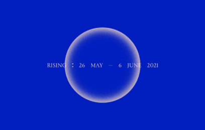 Rising - An outline of a moon sits on a blue background