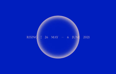 Rising - An outline of a moon sits on a blue background