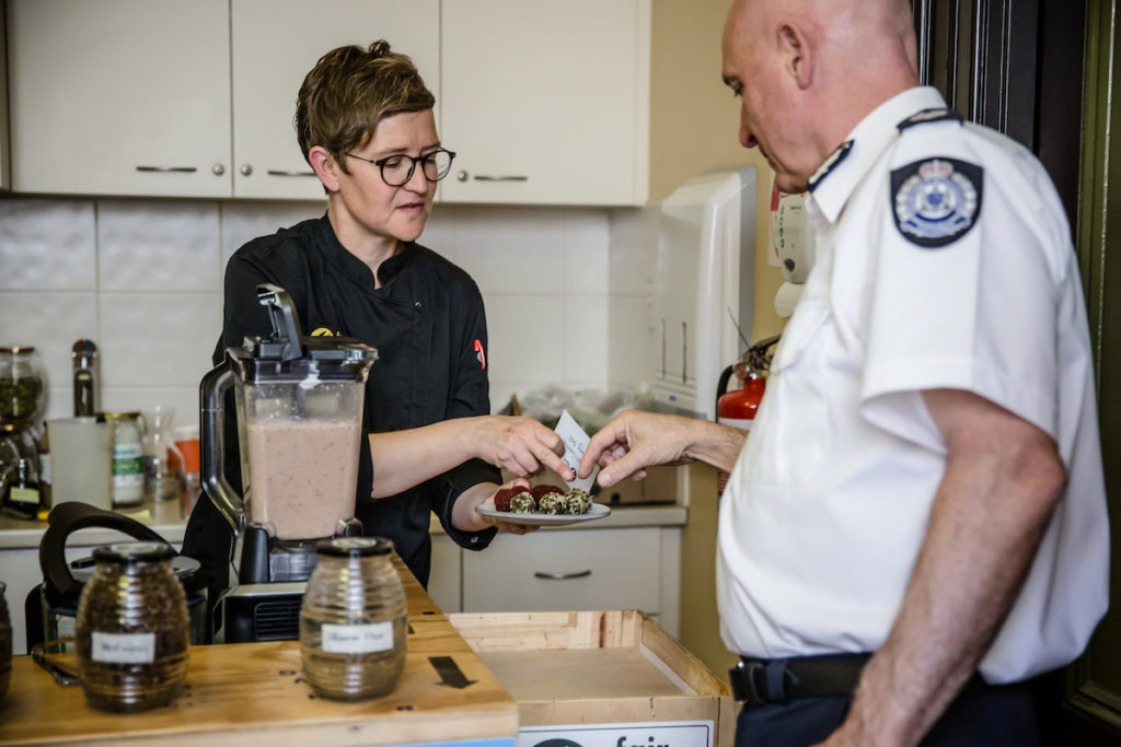 The simulation is real, rehearsal is over, play’s the thing. David Pledger - Jen Rae and Former Emergency Manager Commissioner Craig Lapsley pictured in Future Proof by Fair Share Fare, Refuge 2017: Heatwave, Photo by Bryony Jackson.