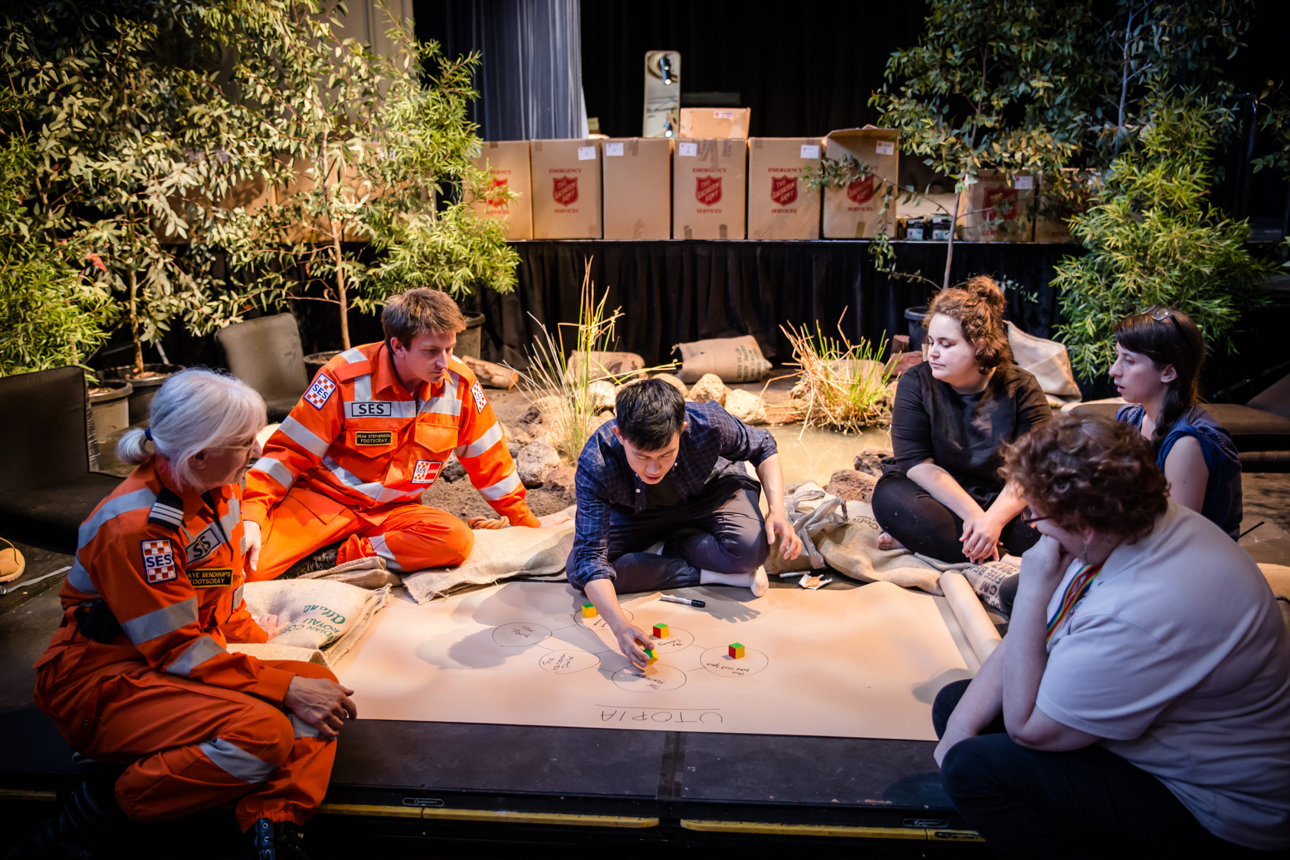 Convergences - Cass Lynch - Harry Lee Shang Lun with SES and Australian Red Cross during Refuge 2017: Heatwave, Photo by Bryony Jackson.