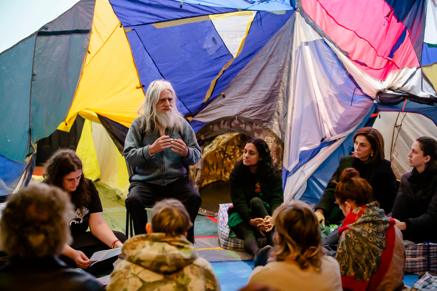 Building community over time - Uncle Larry Walsh pictured in North Melbourne School of Displacement by Keg de Souza, Refuge 2019: Displacement, Photo by Bryony Jackson.