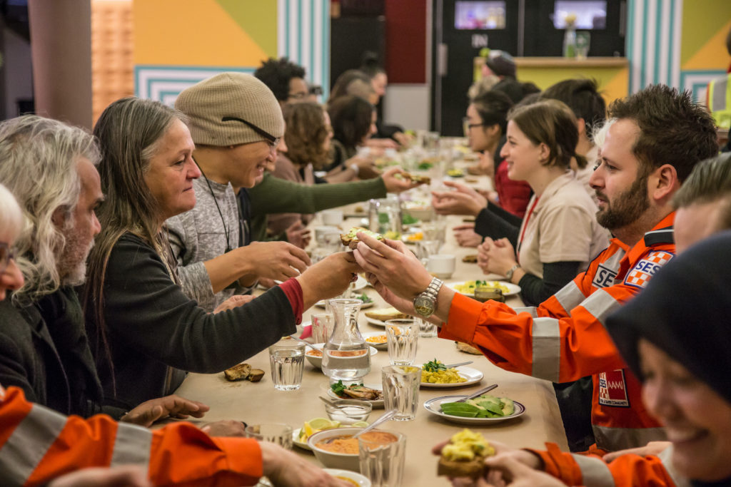 A Fresco in a Cathedral... David Pledger - Recovery Centre Community Breakfast by Dawn Weleski and Jen Rae, Refuge 2017: Flood Photo by Bryony Jackson.